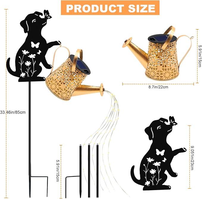 VOOKRY Solar Lights Outdoor,Watering Can with Dog Silhouette Stake | Garden Gifts for Mom,Women&Garden Lovers Waterproof Metal Garden Water kettle,Decorative Yard Patio Lawn Pathway Decor(1Pack)