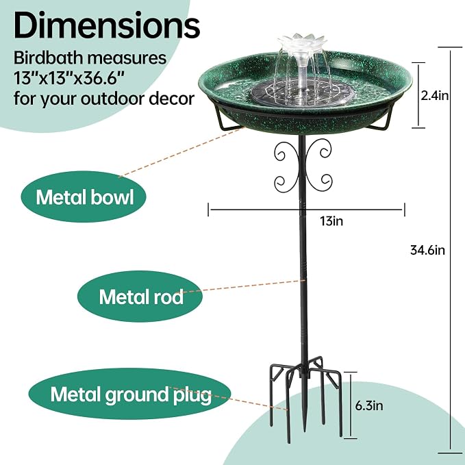 Solar Powered Bird Bath with Fountains for Hummingbirds,Stable Stylish Design with 5-Prong Base Stake Metal Bird Bath for Outside Yard Lawn Patio Garden