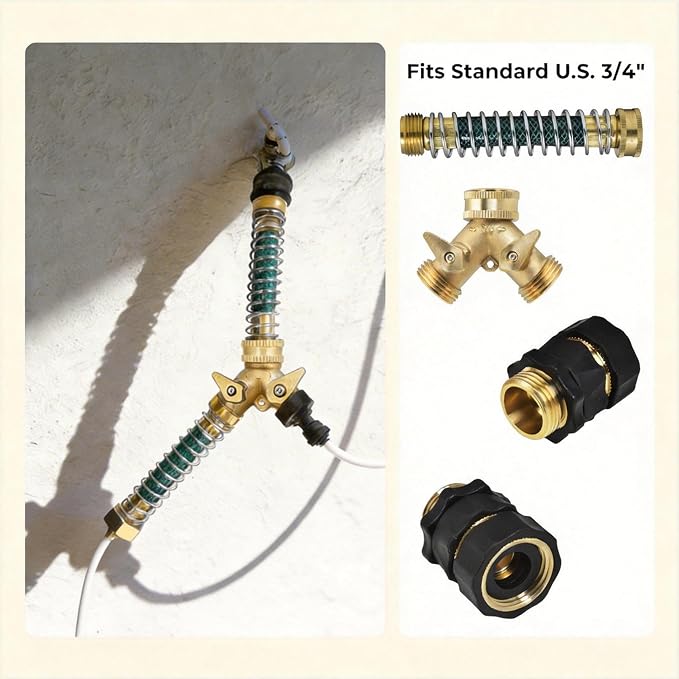 VANCOCO Garden Hose Coiled Spring Protectors, 3/4" Heavy Duty Brass Hose Splitter 2 Way with Hose Spring Protector for Garden Hose (Extra Quick Connect)