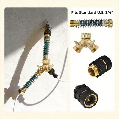VANCOCO Garden Hose Coiled Spring Protectors, 3/4" Heavy Duty Brass Hose Splitter 2 Way with Hose Spring Protector for Garden Hose (Extra Quick Connect)