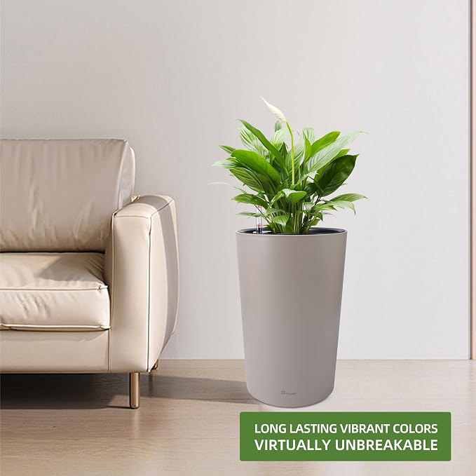 Dexceder 16x12 Self Watering Tall Planter (Taupe Matte) | High Cylinder, Thickened Large Floor Standing Flower Plant Pot with Water Level Indicator Indoor Outdoor