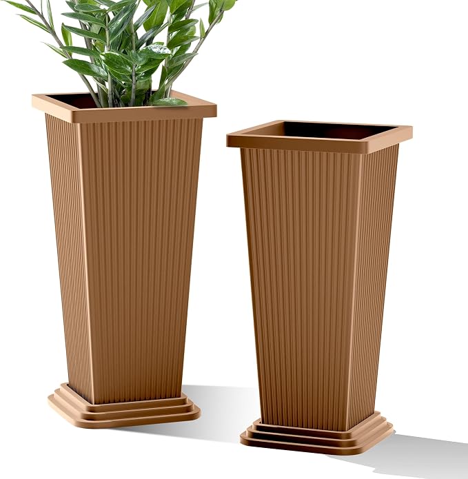 FENCY Set of 2 Tall Planters for Outdoor Plants, Brown Ribbed | 24 Inch, with Drainage Hole & Trays, Plastic Tapered Pots, Weather-Resistant, Front Door Decor