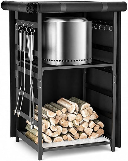 Hisencn Fire Pit Storage Station 4.5 ft for Solo Stove and Other Fire Pits, Outdoor Firewood Rack with Waterproof Cover, Adjustable Shelf Wood Storage Cabinet for Logs and Fire Pit Accessories