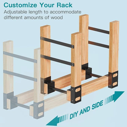 Eibikdi Firewood Rack Outdoor, Adjustable Length Wood Storage Brackets Kit, Log Stacking Stand Holder for Outdoor Indoor Fireplace, Wood Burning Fire Pits, Black, Set of 4