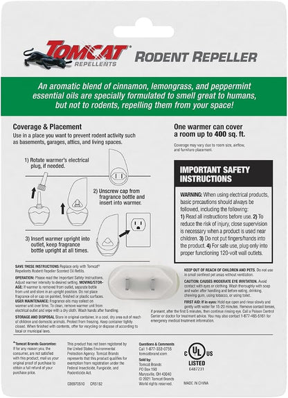 Tomcat Repellents Rodent Repeller, 1 Warmer with 2 Refills | Indoor Plug-In with Lemongrass, Cinnamon, and Peppermint Oil Natural Essential Oil Blend, Repels Rats and Mice