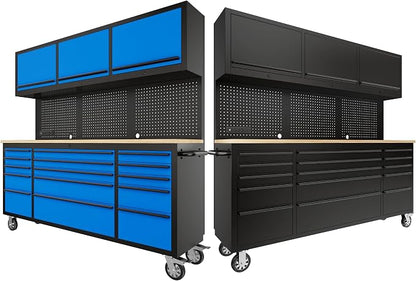 CHETTO C 72" Tool Cabinet Chest with 15 Drawers + 3 Upper Cabinets Black + 72" Tool Box Blue Mobile Rolling Workbench Large Tool Box Power Outlet Lockable Storage Wheels for Garage Workshop 2 Pack