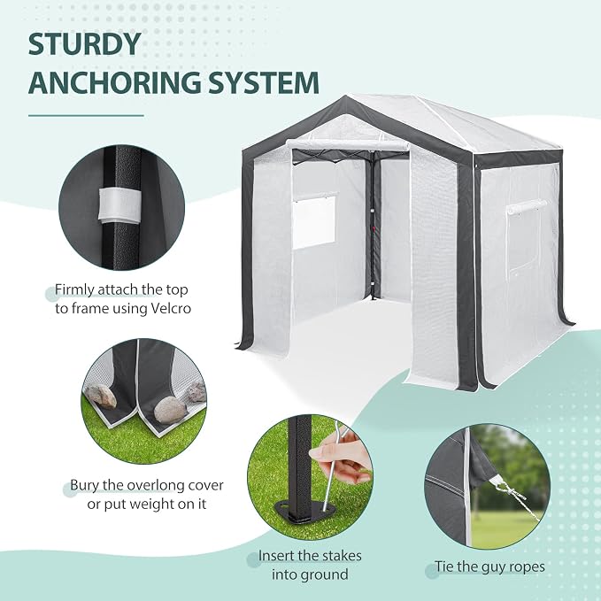 EAGLE PEAK 8x8 Portable Walk in Greenhouse with Polyester Reinforced Corners, Heavy Duty Instant Pop Up Indoor Outdoor Green House, Front Roll Up Zipper Entry Door and Mesh Windows, Gray/White