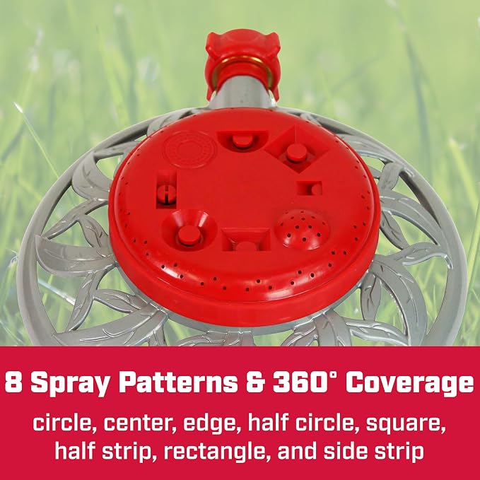 Chapin 4998: 8-Pattern Metal Circle Sprinkler, 360 Degree Sprinkler Head for Small Gardens and Lawns, Up to 40 ft Coverage Area, Lawn Sprinkler, Small Area Yards and Garden Watering, Red/Silver
