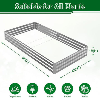 8x4x1FT Galvanized Raised Garden Bed, Metal Planter, Silver,1 Pack | Thick Galvanized Steel, Easy Assembly,Outdoor Patio,Open Bottom,Smooth Surface,Planter Kit for Vegetables, Herbs, Flowers