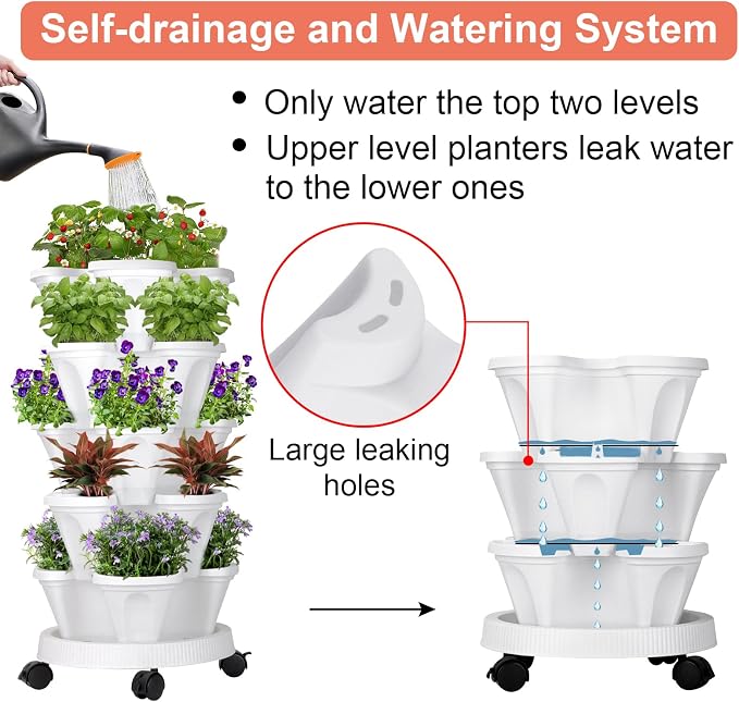 GameXcel Vertical Planter, 5 Tier Stackable Strawberry Planter with Garden Tool Set, Movable Indoor/Outdoor Garden Herb Pot for Growing Vegetables and Succulents, White