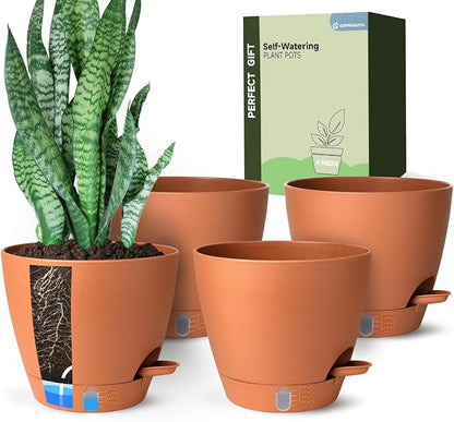 8 Inch Self Watering Pots for Indoor Plants, Plastic Planters with Deep Reservoir & Drainage Holes, Flower Pots for Monstera, Snake Plant & Peace Lily, Worry-Free Vacation Care (Terra Cotta, 8 inch)