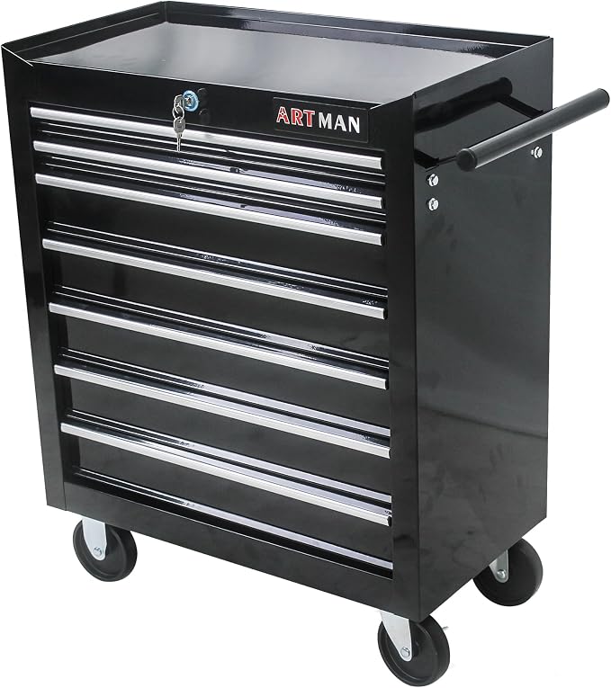 Tool Chest with 7-Drawer Tool Box Organizers and Storage,Rolling Multifunctional Tool Cart on Wheels,Tool Storage Organizer Cabinets with Key Locking for Garage, Warehouse, Repair Shop. (Black)