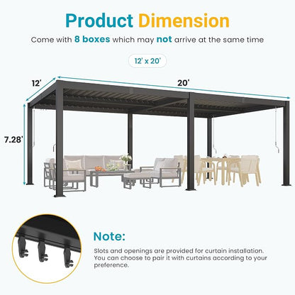 Louvered Pergola, 12' x 20' Outdoor Pergola, Aluminum Frame Patio Gazebo with Adjustable Louvers Roof & Integrated Gutter System, Outdoor Hardtop Gazebo for Patio, Backyard, Deck, Garden, Dark Gray