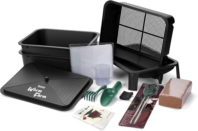 Blütezeit 3-Tray Worm Composter, 32QT Worm Farm with Compost Worms Starter Kit for Indoor & Outdoor Vermicomposting, Worm Bin for Recycling Food Waste (Black)