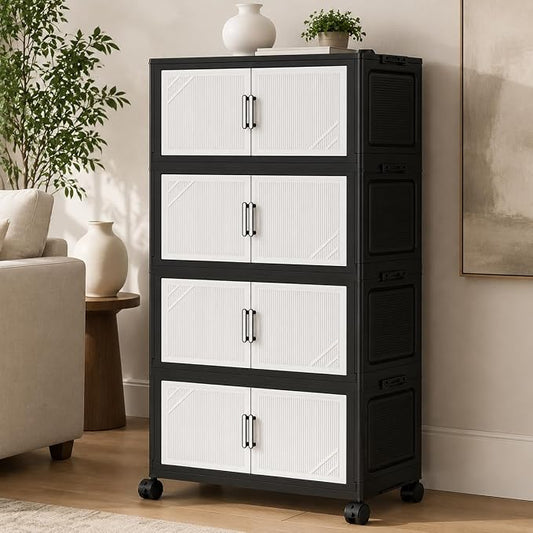 4 Tier Foldable Storage Cabinet with Wheels and Magnetic Doors, Premium PP Material Large Storage Organizer, Space-Saving Utility Storage for Home, Apartments, Dorm, Office, Rv