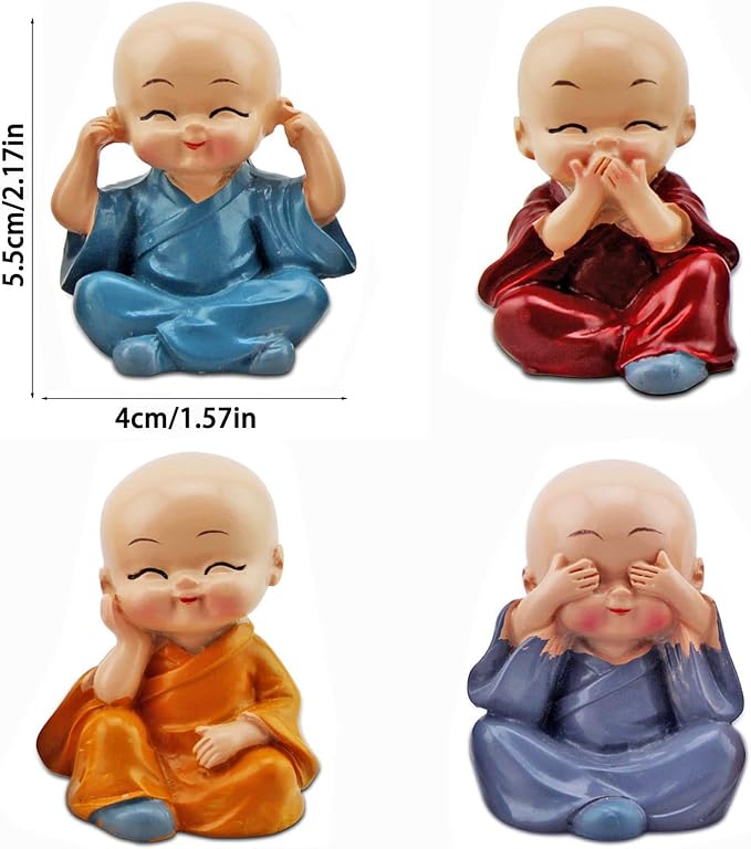 4PCS Cute Kung Fu Monk Statue Miniature Buddha Figurine Wise Figure Little Monk Sculpture Collectibles Crafts Arts Zen Ornaments Wall Shelf Desktop Garden Home Office Car Decoration Gift (A)