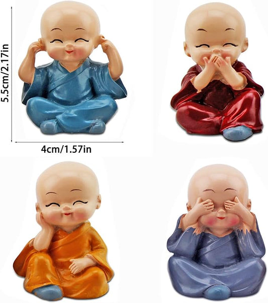 4PCS Cute Kung Fu Monk Statue Miniature Buddha Figurine Wise Figure Little Monk Sculpture Collectibles Crafts Arts Zen Ornaments Wall Shelf Desktop Garden Home Office Car Decoration Gift (A)