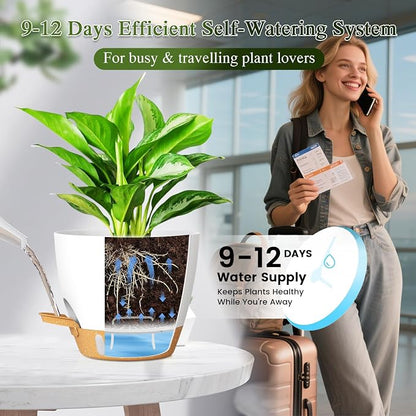 Self Watering Pots with Drainage Holes, 2 Pack 10 Inch Plant Pots with Water Level Indicator Deep Reservoir, Large Plastic Planter for Indoor Outdoor Plants - White Brown