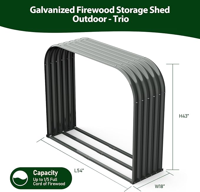 ANLEOLIFE Trio Wide Outdoor Firewood Rack with Corrugated Steel Roof | Alloy Steel Log Holder; 22-Gauge Powder-Coated Galvanized Panels; 18"D x 54"W x 43"H; Open-Sided Airflow; Round Crossbars
