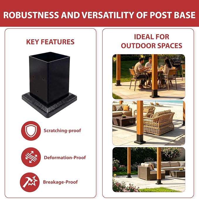 2 Pack 4x4 Post Base with Decorative Cover, Heavy Duty Iron Deck Post Base, 3.6" x 3.6" Inner Size, Black Powder Coated Fence Post Base for Deck, Pergola, Porch Railing, Mailbox, Gazebo
