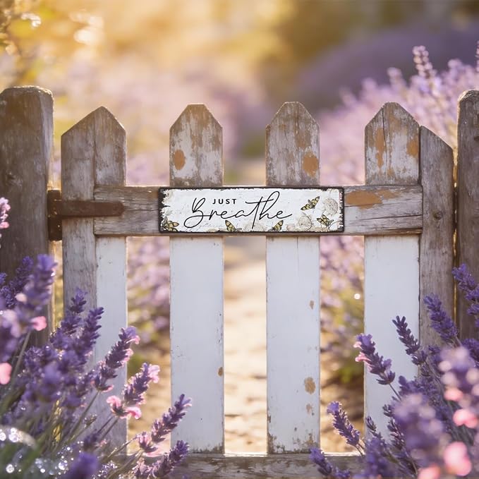 Garden Metal Tin Sign, Vintage Farmhouse Decor, Just Breathe, Butterfly Wall Decor for Yard Fence Door Porch, Inspirational Indoor Outdoor Garden Decoration, 15.7 x 3.9 Inches