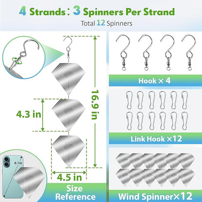 Bird Deterrents for Outside, 12 Discs Stainless Steel 3D Wind Spinners Garden Decor, 4 Sets Reflective Bird Scare Devices to Keep Woodpeckers, Pigeons Away from Patio, Balcony, Porch, Deck