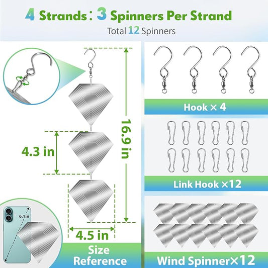 Bird Deterrents for Outside, 12 Discs Stainless Steel 3D Wind Spinners Garden Decor, 4 Sets Reflective Bird Scare Devices to Keep Woodpeckers, Pigeons Away from Patio, Balcony, Porch, Deck