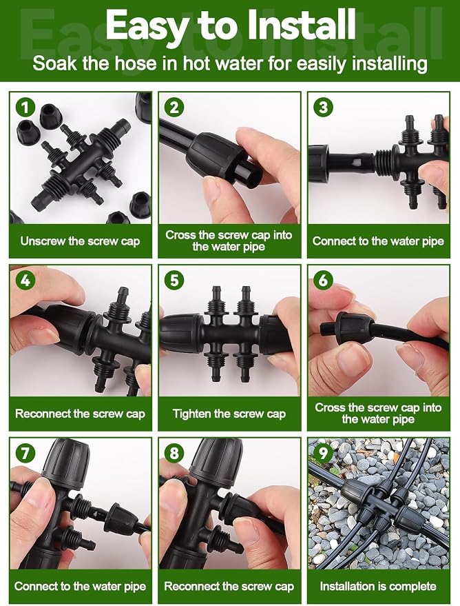 20PCS Locked Barbed Tee Connectors, Kalolary 5/16" to 1/4" Drip Irrigation Fittings Kit 8/12mm to 4/7mm Tube Lock Female Connector 6-Way Barbed Lock Irrigation Parts for Watering System (Black)
