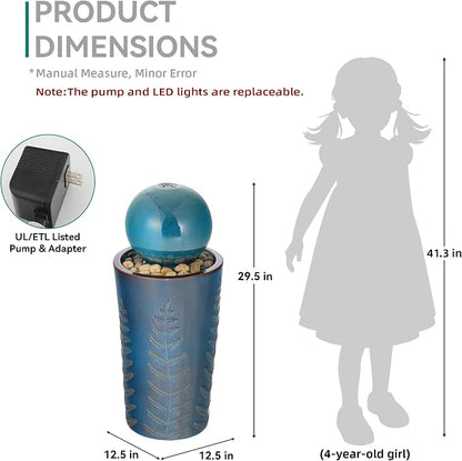 Autodaya 30" Ceramic Sphere Water Fountain with LED Lights, Teal Blue Glaze | Modern Nature-Inspired Design with Leaf Patterns & Pebbles, Soothing Trickling Water Feature for Patio, Yard, Garden, Porch
