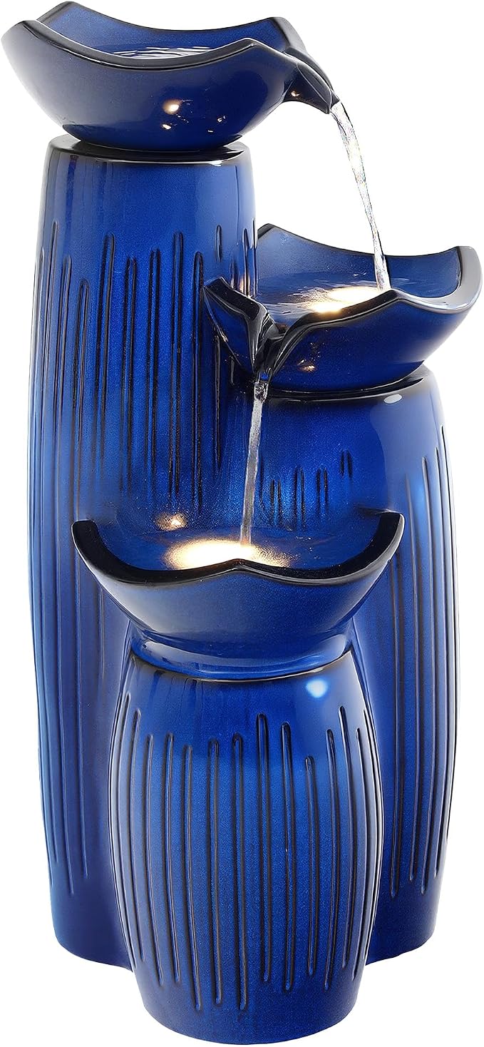 30" H Ceramic Outdoor Water Fountain with Lights, 3-Tier Lotus Bowls | Minimalist Geometirc Water Feature, Cobalt Blue Glaze, Fluted Texture, Cascading Waterfall for Relaxing Garden Patio Yard