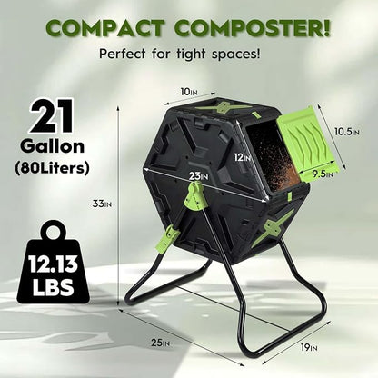 Compost Bin, 21 Gallon Small Composter Tumbler Outdoor Compact Single Rotating Chamber with Sliding Door and Steel Frame, BPA-Free Composting Bin for Garden, Kitchen, and Yard Waste