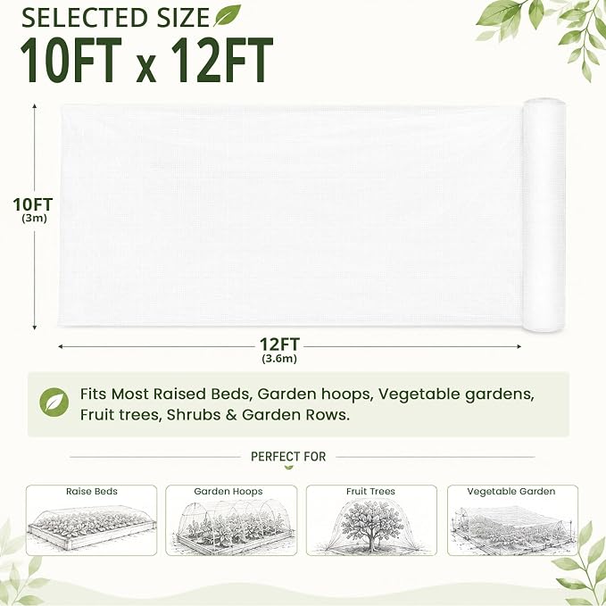10x12Ft Garden Netting, Fine Mesh Insect Netting for Plant Protection, Mosquito Bug Bird Barrier Mesh Cover for Vegetables Fruits Flowers Raised Beds