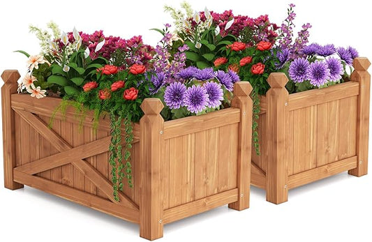 HAPPYGRILL Wooden Raised Garden Bed, 2 Solid Wood Gardening Plant Container w/Drainage Holes for Flower Vegetable Fruit, Outdoor Elevated Planter Box for Patio Garden Yard Balcony (25”x 16”x 15”)