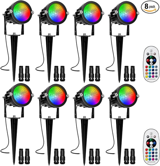 RGBW Low Voltage Landscape Lights, 10W 12/24V Color Changing Landscape Lighting with Remote, IP65 Waterproof Outdoor LED Spotlight for Garden Christmas Halloween, 8 Pack with Connectors