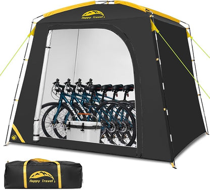 Happy Travel Bike Storage Shed Tent, Waterproof Portable Bike Cover with 40% More Top Space for 2/3/4/5 Bikes,Clips Easy Setup Sheds Shelter with Lockable Bicycle Design for Garden Tools, Lawn Mower