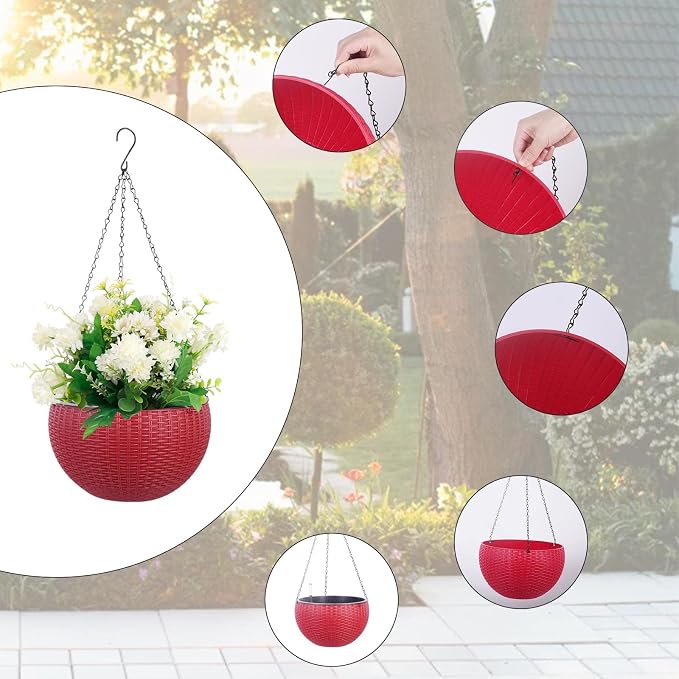 Vencer 11 Inch Round Resin Rattan Hanging Planters,Red,VF-A15-R | Self Watering,Drain Hole,Metal Chain,Water Indicator,Indoor Outdoor