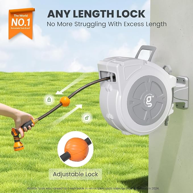 Giraffe Tools Retractable Hose Reel 1/2" x 65 ft Garden Hose Reel Heavy Duty, Any Length Lock with Swivel Bracket, 9-Function Sprayer Nozzle