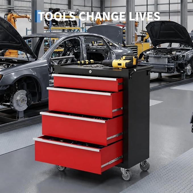 Garvee Rolling Tool Chest, 4 Drawers Tool Storage Cabinet, Toolbox with Wheels, Portable Tool Cabinet Organizer with Locking System & Drawer Liners, Tool Storage Cart for Garage, Workshop, Black＆Red