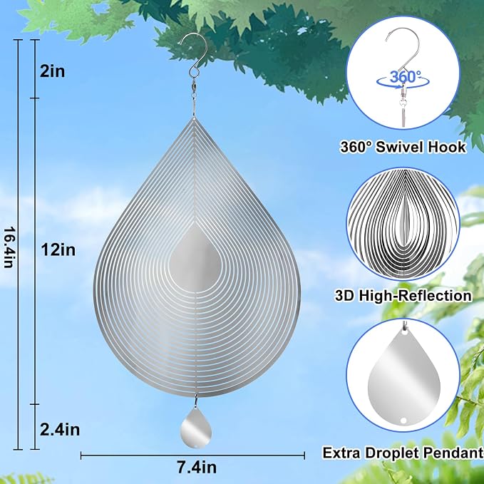 Stainless Steel Wind Spinners Outdoor Garden Decor, Gifts for Women Mom,3D Metal Reflective Bird Devices Deterrent to Keep Scare Woodpecker Pigeon Away Outside Patio Yard House(Silver Droplet,12 Inch)
