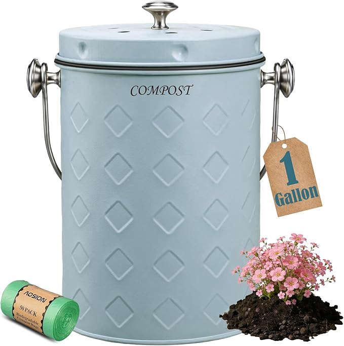 AOSION Countertop Compost Bin Kitchen,Odorless Indoor Compost Bin with Lid | 1 Gallon Composter Container,Removable Inner Bucket,50 Compost Bags,2 Carbon Filters,ideal for food scraps,coffee grounds