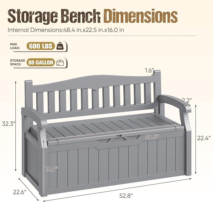 80-Gallon Outdoor Storage Bench, Waterproof Deck Box with Lockable Lid & Armrests for Patio, Garden, Pool, Gray