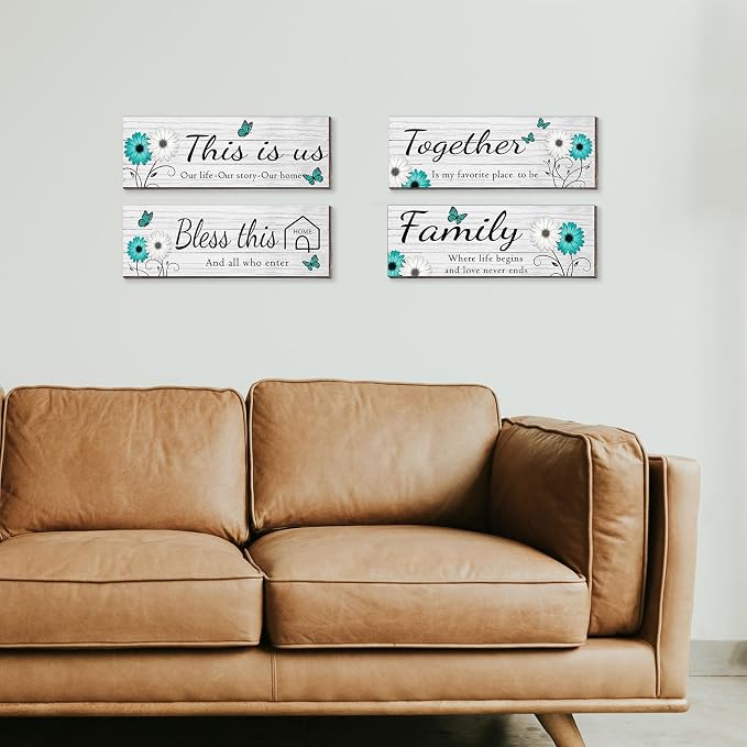 4 Pcs White Farmhouse Wall Decor with Teal Butterflies & Daisies, Rustic Wooden Signs Set, Floral Wall Art for Living Room Bedroom, Housewarming Gift, 4.7" x 13.8"
