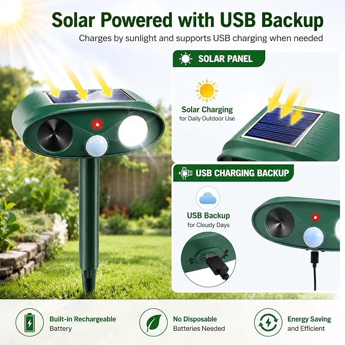 4Pcs Sonic Fortress Pro Deer Repellent Device,Solar Animal Repeller Outdoor | Motion Activated Cat Deterrent Racoon Squirrel Fortress Pro with Strobe Light,USB Charging Skunk Repellent for Yard Garden