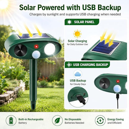 4Pcs Sonic Fortress Pro Deer Repellent Device,Solar Animal Repeller Outdoor | Motion Activated Cat Deterrent Racoon Squirrel Fortress Pro with Strobe Light,USB Charging Skunk Repellent for Yard Garden