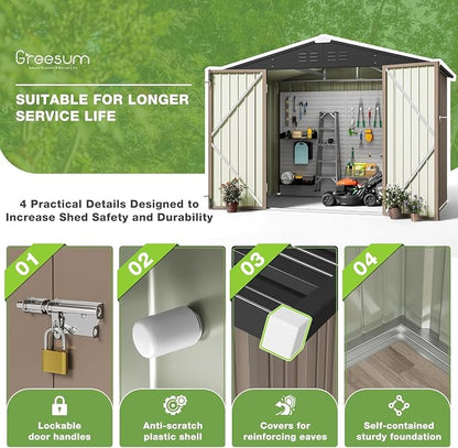 Greesum 8x6FT Outdoor Storage Shed, Utility Tool Shed with Sloping Roof, Metal Storaged Garden Shed with Door & Lock for Patio Storage, Brown