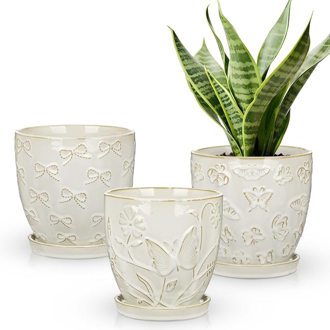 Hollyone Set of 3 White Ceramic Planter 6 Inch Flower Plant Pot with Drainage Hole and Saucer for Plants Embossed Indoor Outdoor Garden Embossed Ceramic Glazed Round Pot for Succulent Orchid