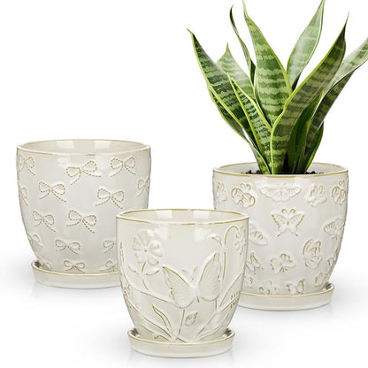 Hollyone Set of 3 White Ceramic Planter 6 Inch Flower Plant Pot with Drainage Hole and Saucer for Plants Embossed Indoor Outdoor Garden Embossed Ceramic Glazed Round Pot for Succulent Orchid