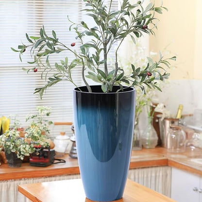 Sun-E Tall Planters for Front Porch 2 Pack, 21-Inch Large Outdoor Planters with Removable Insert Shelf, High Glossy Glazed Ceramic-Look Tall Blue Flower Pots for Indoor Corner Patio Entryway Decor