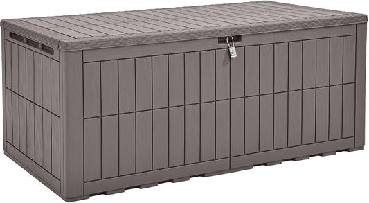 YITAHOME 200 Gallon Large Outdoor Storage Box XL Resin Deck Box with Lock | Waterproof Patio Furniture Bin and 3-Person Bench Seating for Garden Tools & Pool Accessories, Light Brown