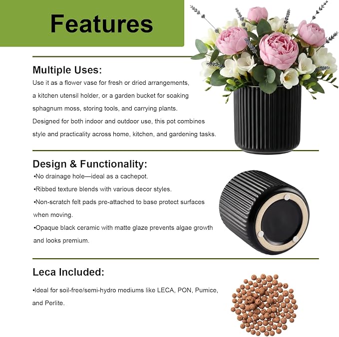 2 Pack of 4in Ceramic Cachepot with 4 inch Clear nusery Pot - self Watering Indoor Planter with Drainage for Root Visibility,semi Hydro pots for repotting Succulent,Black